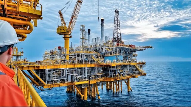 Offshore oil rig with complex machinery and structures illuminated by daylight against a cloudy sky and calm ocean waters with a worker in the foreground wearing a white hard hat and orange jacket