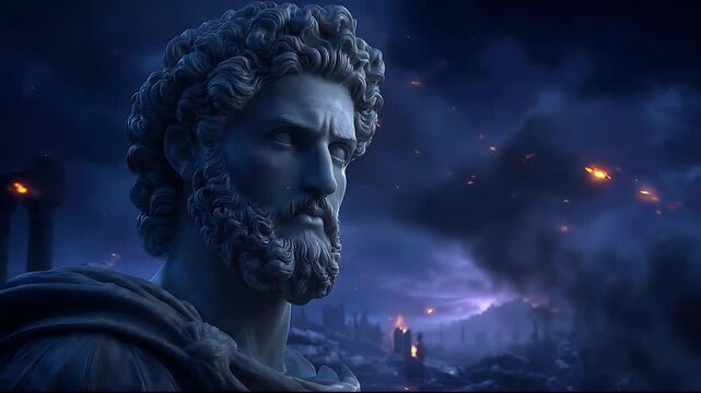 Epic Ruins, Bearded Roman God Statue Overlooking a Destroyed City in Dark Sky