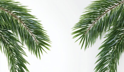 Fototapeta premium Christmas decoration with green fir or pine branch and palm leaf on white backgroundChristmas decoration with green fir or pine branch and palm leaf on white background