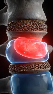 3D animation of a human spine with a highlighted red painful disc and a blue healthy disc, representing back pain and treatment options.