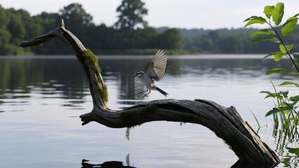 Dynamic moment of a small wild bird launching into flight from a moss-covered, weathered branch suspended over calm lake water. Tranquil morning scene with misty reflections and soft light.