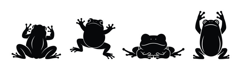 Collection of black frog silhouettes in diverse dynamic and resting poses, ideal for nature-themed graphic design