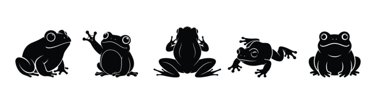 Collection of stylized black frog silhouettes in various playful poses, ideal for design elements
