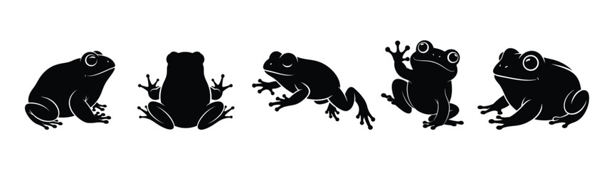 Set of Silhouettes Illustrating Five Frogs in Various Poses