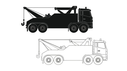 Detailed illustration of a tow truck in both black and white outlines