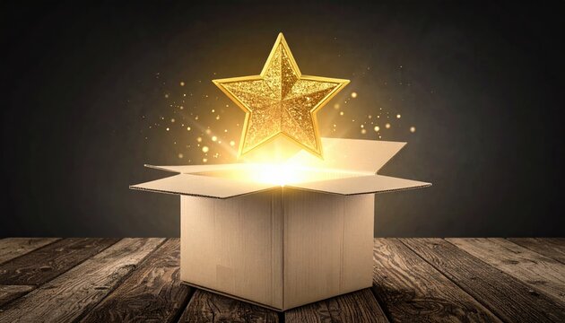 Star Emerges: A glowing, golden star bursts forth from an open box, illuminating a rustic wooden surface, and igniting the imagination.
