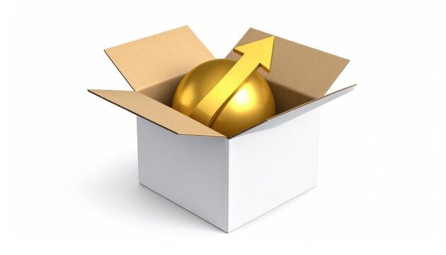 Growth Unboxed: A golden sphere, adorned with a upward arrow, bursts forth from an open box, symbolizing innovation and exponential growth, concepts in business.