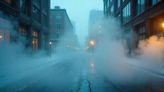 An empty city street shrouded in thick winter fog and steam rising from manholes creates a mysterious and atmospheric urban scene at dusk