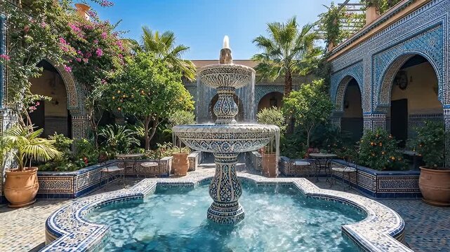 Ornate Moroccan Courtyard Fountain Splashing Water Amidst Lush Greenery and Blue Tiled Architecture Under Bright Sunlight