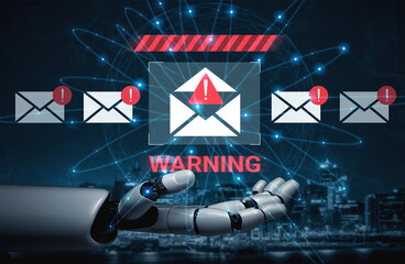 A robotic hand presents an email warning alert surrounded by icons in a digital network. The nighttime urban background enhances the futuristic theme of technology and communication. Gantry