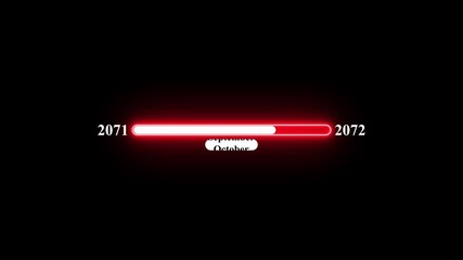 2071 to 2072 loading animation with January 2071 to January 2072 time line on black background, year progress transition, calendar time loading bar, new year change concept