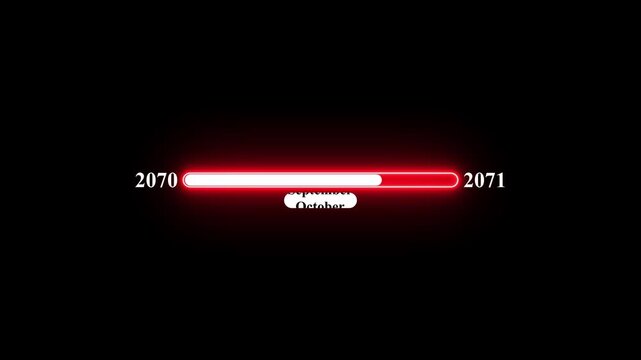 2070 to 2071 loading animation with January 2070 to January 2071 time line on black background, year progress transition, calendar time loading bar, new year change concept
