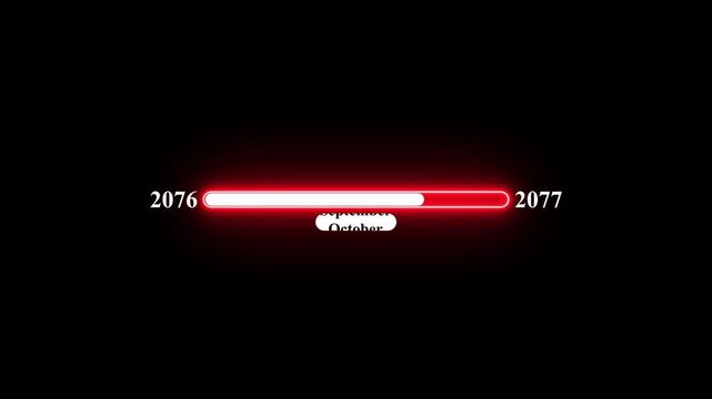 2076 to 2077 loading animation with January 2076 to January 2077 time line on black background, year progress transition, calendar time loading bar, new year change concept