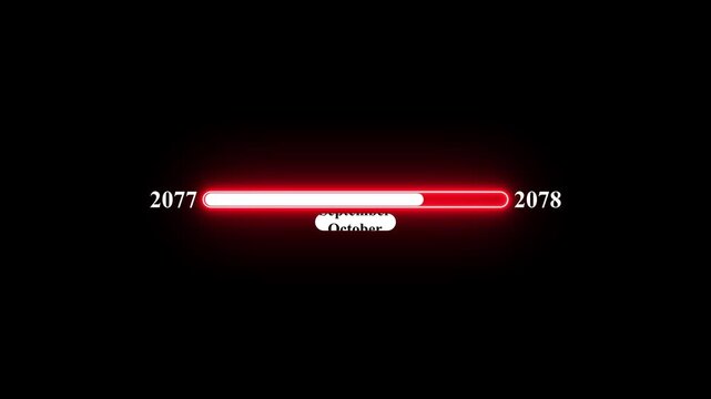 2077 to 2078 loading animation with January 2077 to January 2078 time line on black background, year progress transition, calendar time loading bar, new year change concept