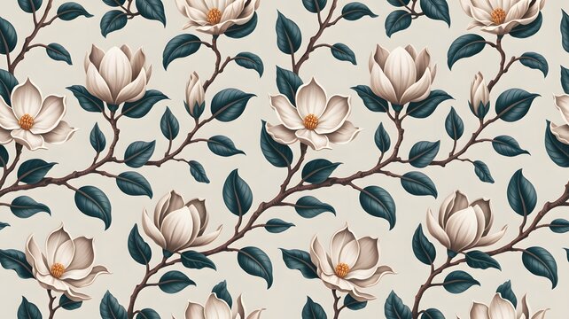 Elegant magnolia floral pattern with white and green blossoms on a neutral background