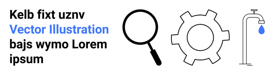 Magnifying glass, gear, and faucet with water drop focus on exploration, industrial processes, and resource conservation. Ideal for technology, research, engineering, innovation environmental