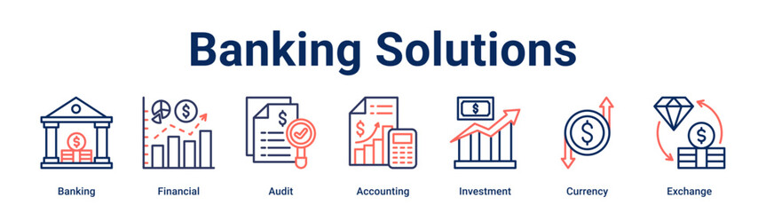 Banking Solutions banner web icon vector illustration concept for business with icon of Banking, Financial, Audit, Accounting, Investment, Currency.