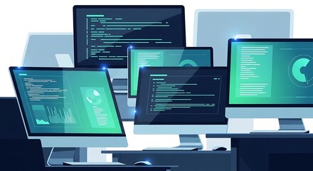 Multiple computer screens displaying code and data visualizations in a modern workspace.