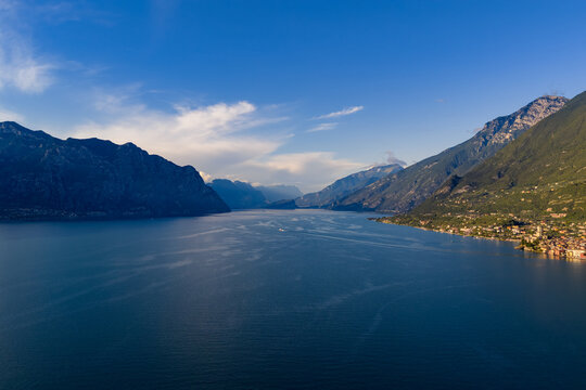 Aerial view over Lake Garda shoreline - Malcesine, Italy