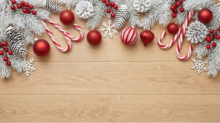 Christmas Flat Lay with Candy Canes and Red Ornaments on Wooden Background