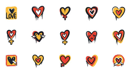 Collection of 15 handdrawn grungestyle heart icons with red yellow and black colors