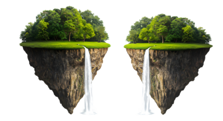 Floating Island with Waterfall Surrounded by Green Trees on Transparent Background