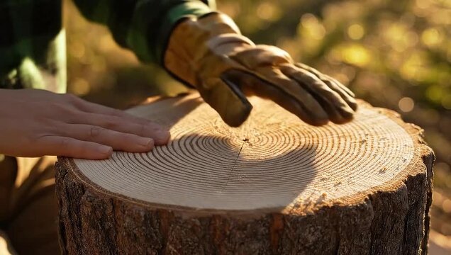 Forester Hand Counting Annual Growth Rings on Cut Tree Stump in Golden Light