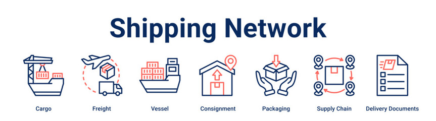 Shipping Network banner web icon vector illustration concept for business with icon of Cargo, Freight, Vessel, Consignment, Packaging, Supply Chain, Delivery.