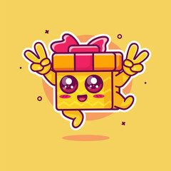 happy gift box character mascot jumping with peace hand isolated cartoon in flat style design 
