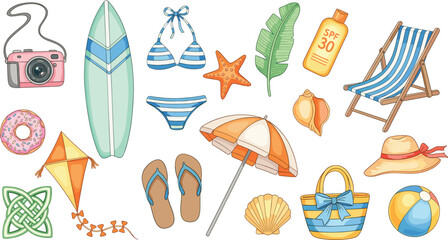 Colorful vector collection of summer beach and vacation essentials, featuring bikini, surfboard, sun lotion, deck chair, sun umbrella, camera, and tropical accessories.
