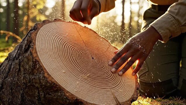 Close up of forester hands counting annual rings on cut tree stump in sunny forest
