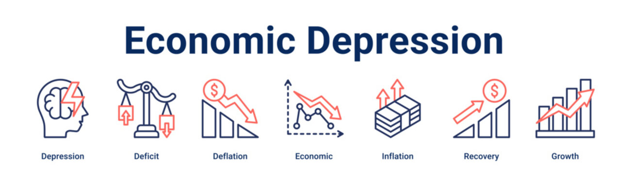 Economic Depression banner web icon vector illustration concept for business with icon of Depression, Deficit, Deflation, Economic, Inflation, Recovery.