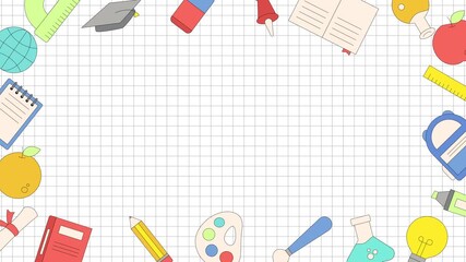 Playful back to school education background with flat school supplies frame on grid paper, ideal for learning content, classroom presentations, kids education, and academic promotions. - Powered by Adobe