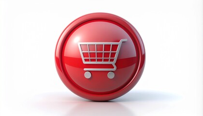 Red Glossy Shopping Cart Button Metal Trim UI Icon on White Background