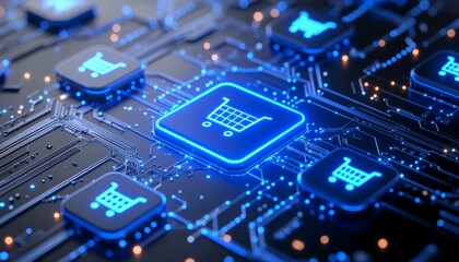 Futuristic Ecommerce Shopping Cart Icon on Digital Circuit Board