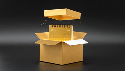 A golden calendar emerges from a luxurious gift box, symbolizing the anticipation and celebration of a special occasion.
