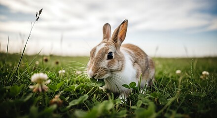 Fototapeta premium Cute Brown and White Rabbit Eating Clover in a Green Field.