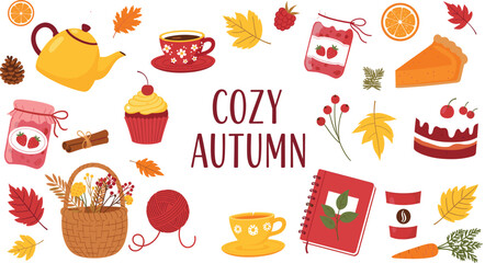 Charming vector collection of cozy autumn elements, featuring seasonal food like pumpkin pie and cupcakes, hot drinks, fall leaves, raspberry jam, and warm knitted wool.