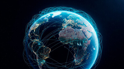 Glowing digital network lines surrounding planet Earth at night