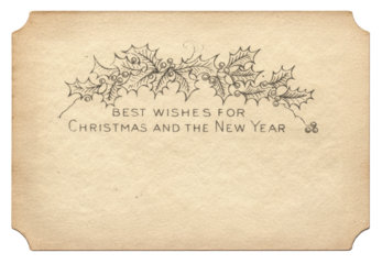 Antique Aged Greeting Card w/ Holly Garland Motif - Vintage Holiday Illustration On Aged Toned Paper - Best Wishes For Christmas And The New Year - Blank Flatlay - Authentic Ephemera Isolated on White