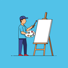 Artist at Work - Painting on Canvas with Palette and Brush.