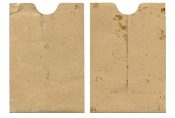 Vintage 1950s Small Aged Worn Blank Kraft Cardboard Envelope Pocket Sleeve Flatlay Mockup -Front & Back View - Genuine Authentic Ephemera - Isolated on White