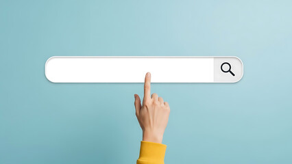 Hand interacting with a search bar on a blue background with a magnifying glass