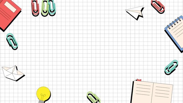 Playful back to school education background with flat school supplies frame on grid paper, ideal for learning content, classroom presentations, kids education, and academic promotions.