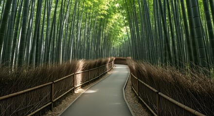 Walking Path Through the Lush Arashiyama Bamboo Grove in Kyoto Japan.