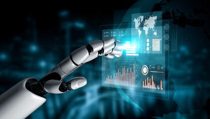 A sleek robot hand reaches out to engage with a high-tech digital interface, showcasing graphs and analytics, symbolizing advanced technology and innovation. Scalp