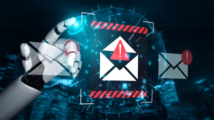 A futuristic robotic hand is poised near digital mail alerts, symbolizing communication and cybersecurity in a modern cityscape filled with advanced technology. Gantry