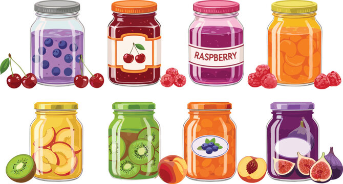 Realistic vector illustration set of sweet fruit preserves and jam in glass jars, featuring cherry, raspberry, blueberry, apricot, peach, kiwi, and fig flavors, isolated on white background.