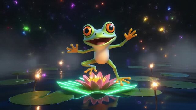 Happy cartoon frog dancing on a lily pad surrounded by colorful bokeh lights on a dark body of water