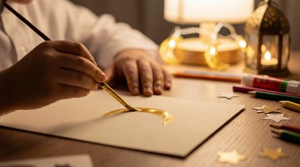 Close-up of a child's hand painting a golden crescent moon for Ramadan